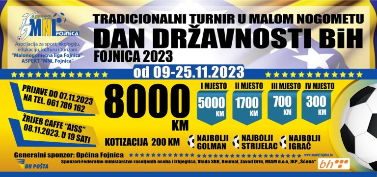 Sedam dana do kraja prijava: Tradicionalni malonogometni turnir Dan državnosti Bosne i Hercegovine, Fojnica 2023